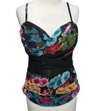 Bebe Bustier Corset Top Womens 8 Black Multicolor Floral Pleated Lined Coquette