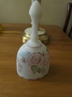 FENTON hand painted white satin bell pink roses blue flower Signed L. Everson