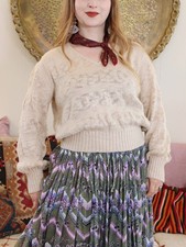 Vintage 70s Courreges Paris Cotton V Neck Cropped Ecru Cream Long Sleeve Sweater