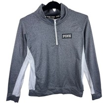 PINK Victoria's Secret Gray White Mock Neck 1/4 Zip Long Sleeve Pullover Size L