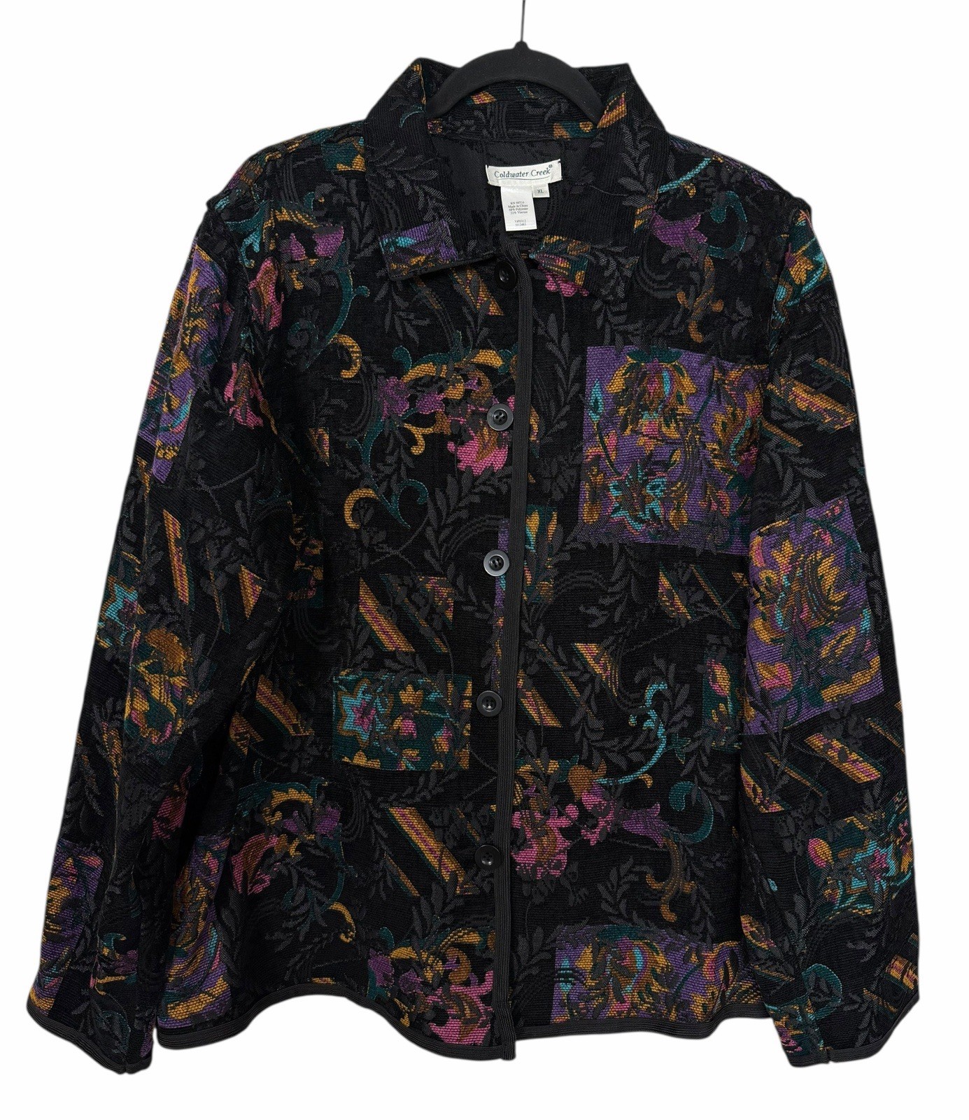 Vintage Coldwater Creek Black Multicolor Tapestry Jacket Lightweight Sz XL