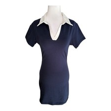 Edikted Women's Mini Dress Short Sleeve Bodycon White Collar Navy Blue Medium
