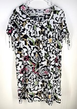 Hot Cotton Linen Dress Bold Floral Pockets Tie Short Sleeve Tunic Lightweight L