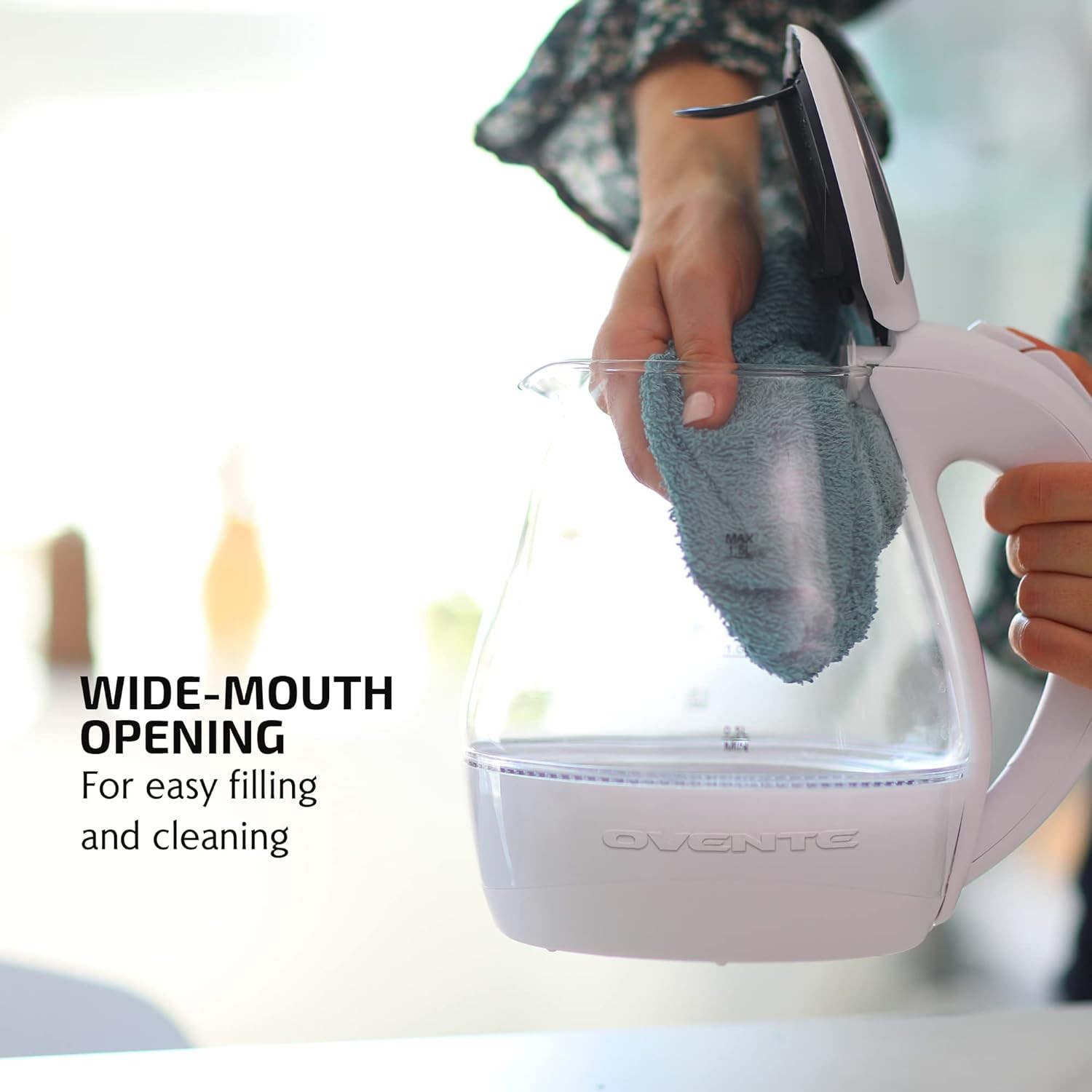 OVENTE 1.5L Glass Electric Kettle with Blue LED Light, 1100W Lighted White 