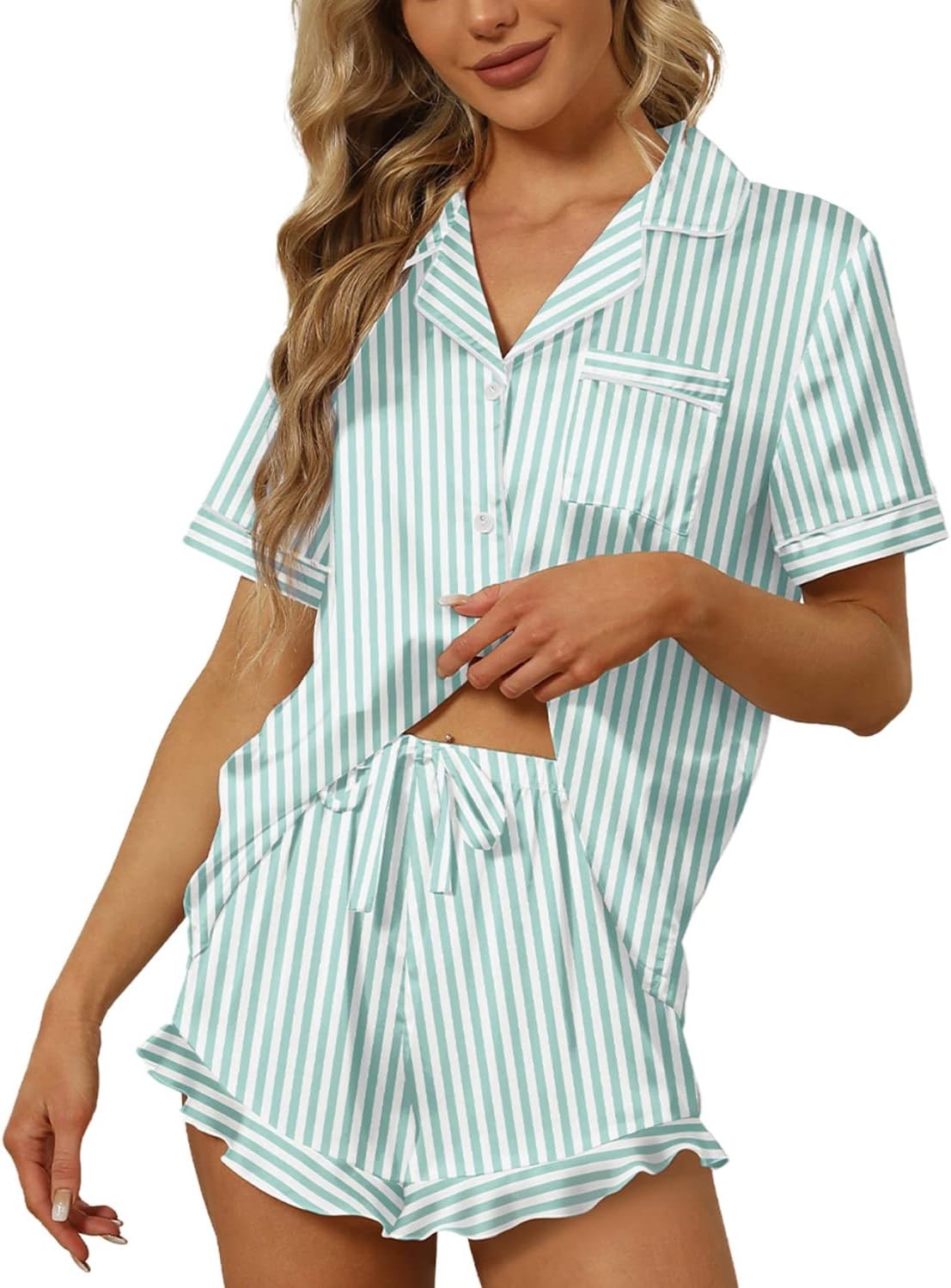 SAPJON Satin Silk Pajamas for Women 2Pcs Ruffle Notch Collar Sleepwear Button Do
