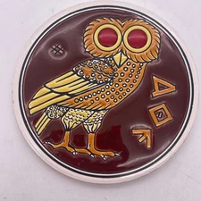 Vtg Niarchos 3.5” Ceramic Coaster Made in Greece Owl Of Athena Tile 80s Decor D7