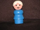 Vintage Fisher Price Little People White Hair Woman Blue Wood Body Wood Head