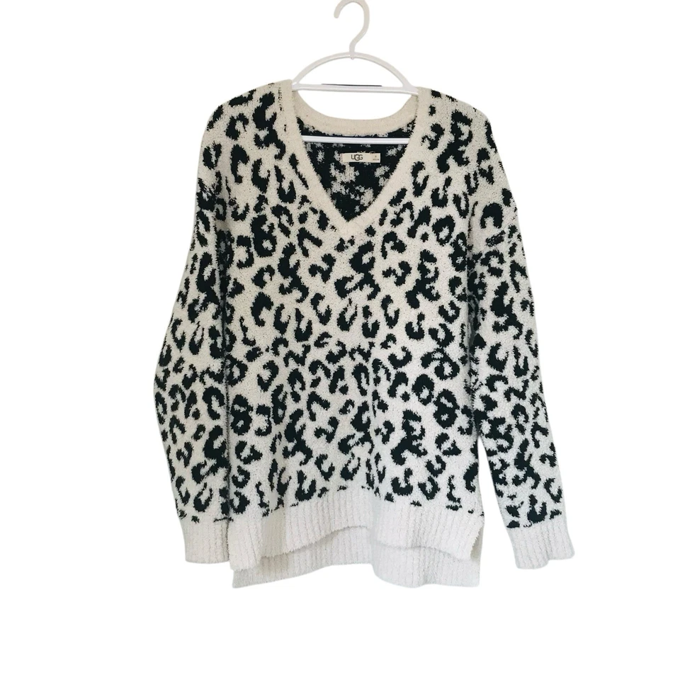 Suéter feminino UGG gola V leopardo neve fofo aconchegante quente preto e branco tamanho M