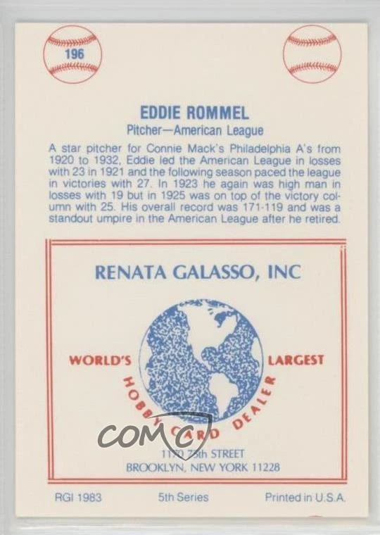 1977-84 TCMA Renata Galasso Series 5 Eddie Rommel #196 - Image 2 of 2