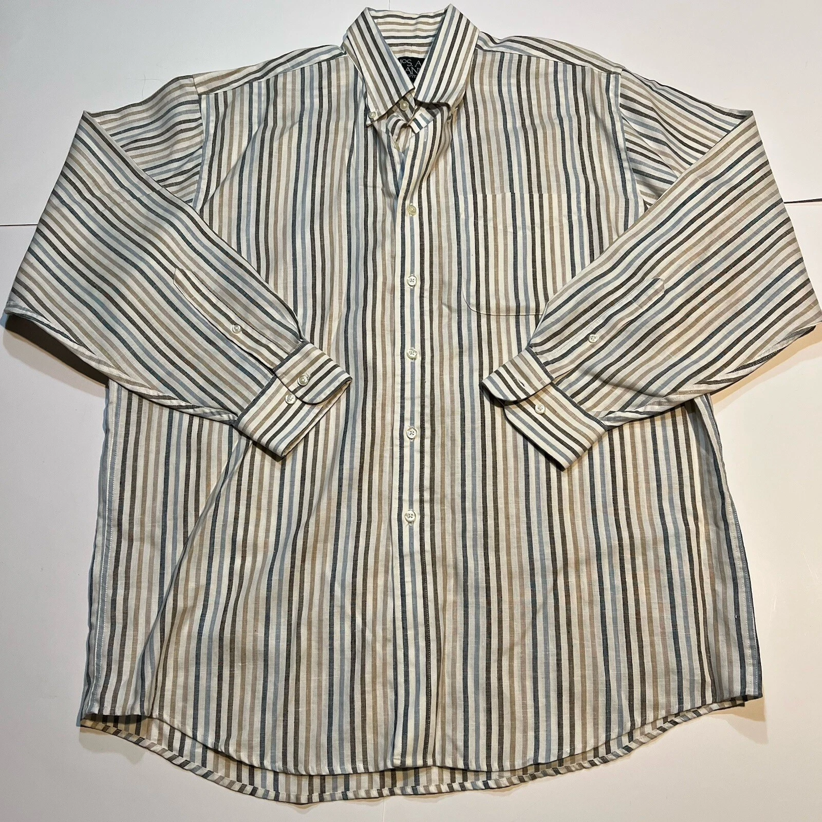 Jos A Bank Traveler's XXL Button Up Long Sleeve Shirt Linen Blue Brown Stripe