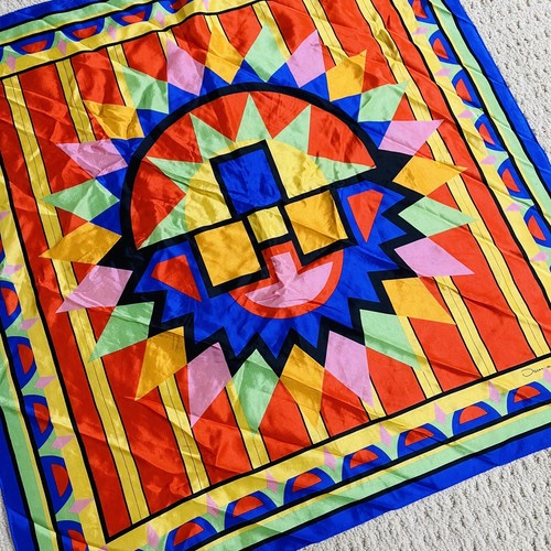 Oscar de la Renta Silk Scarf Gem Tone Mod Op Art to Wear Blue Yellow Pink Orange - Picture 2 of 6