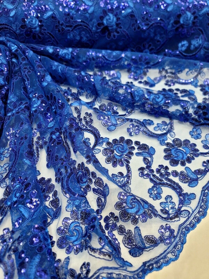 Tela de encaje con cordón azul real por yarda - bordada con lentejuelas en malla Foto 4 de 4