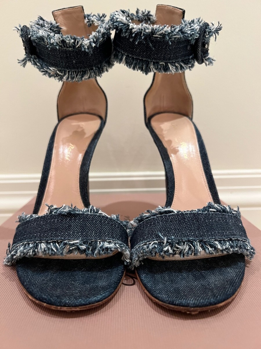 GIANVITO ROSSI Lola Frayed Denim Sandals Heels - Size 38 EU