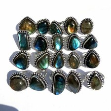 Natural Labradorite Gemstone 925 Sterling Silver Plated 25Pcs Rings Lot Jewelry~