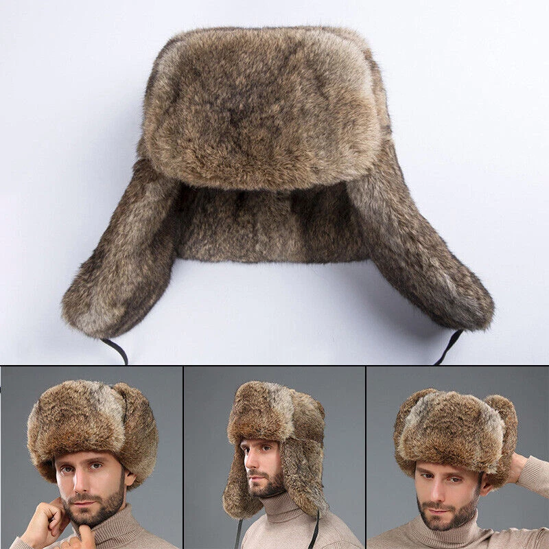  Sombrero de piel de conejo genuino real de invierno para hombre Rusia trampero oreja gorra de esquí Ushanka Foto 3 de 4