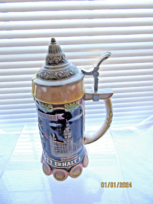 VINTAGE DOMEX BEER STEIN WITH HINGED PEWTER LID 10''H
