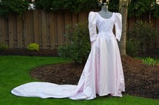Vintage Pale Pink Wedding Dress with Lace Detailing, Long Train, Large Rear Bow