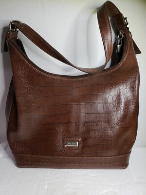 Nine West Hobo Sholder Bag Purse Alligator Pattern Brown Faux