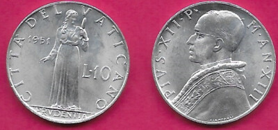 VATICAN CITY 10 LIRE 1951 UNC OPE PIVS XII,PRUDENCE STANDING AND DATE DIVIDES VA