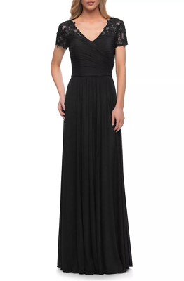 La Femme 29772 Floral Embroidered Ruched Back Jersey Gown, Black, Size 6