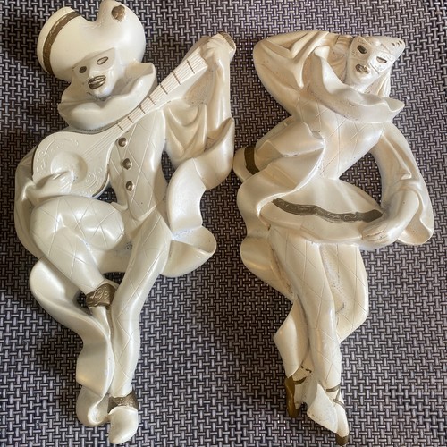 1960 Miller Studio Chalk-ware Dancing Clowns Jesters VTG White Gold Masks Hat