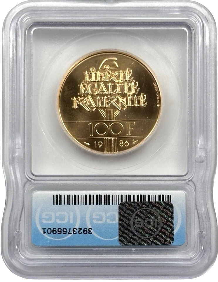1986 France 100 Francs Gold 0.5029 oz  Statue Of Liberty Coin ICG MS 68 - Image 2 of 2