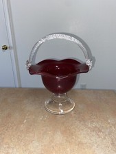 Ruby Red  Clear Glass Ruffled Flower Basket Bowl Ribbed Handled Footed Base