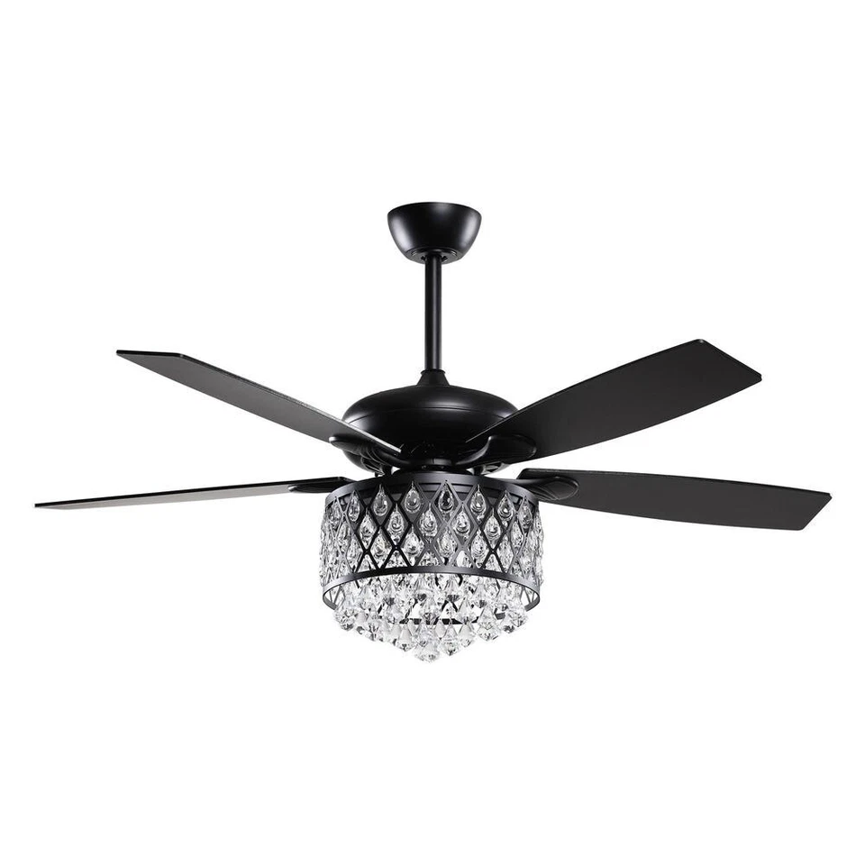 52" Matte Black Indoor Crystal Ceiling Fan Metal Bowl Light Remote Control - Image 4 of 4