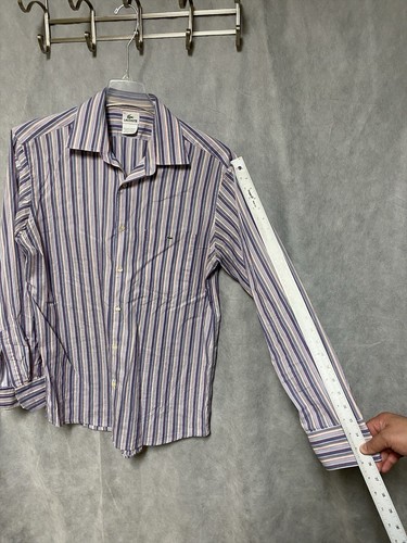 Lacoste Shirt Men 42 White Blue Striped Office Crocodile Button Casual Cotton L - Picture 4 of 9