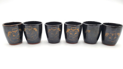 Hand Painted Black & Gold Face Sake Cup set of 6 Vintage