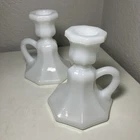 Pair Of Vintage White Milk Glass Candlesticks With Handles