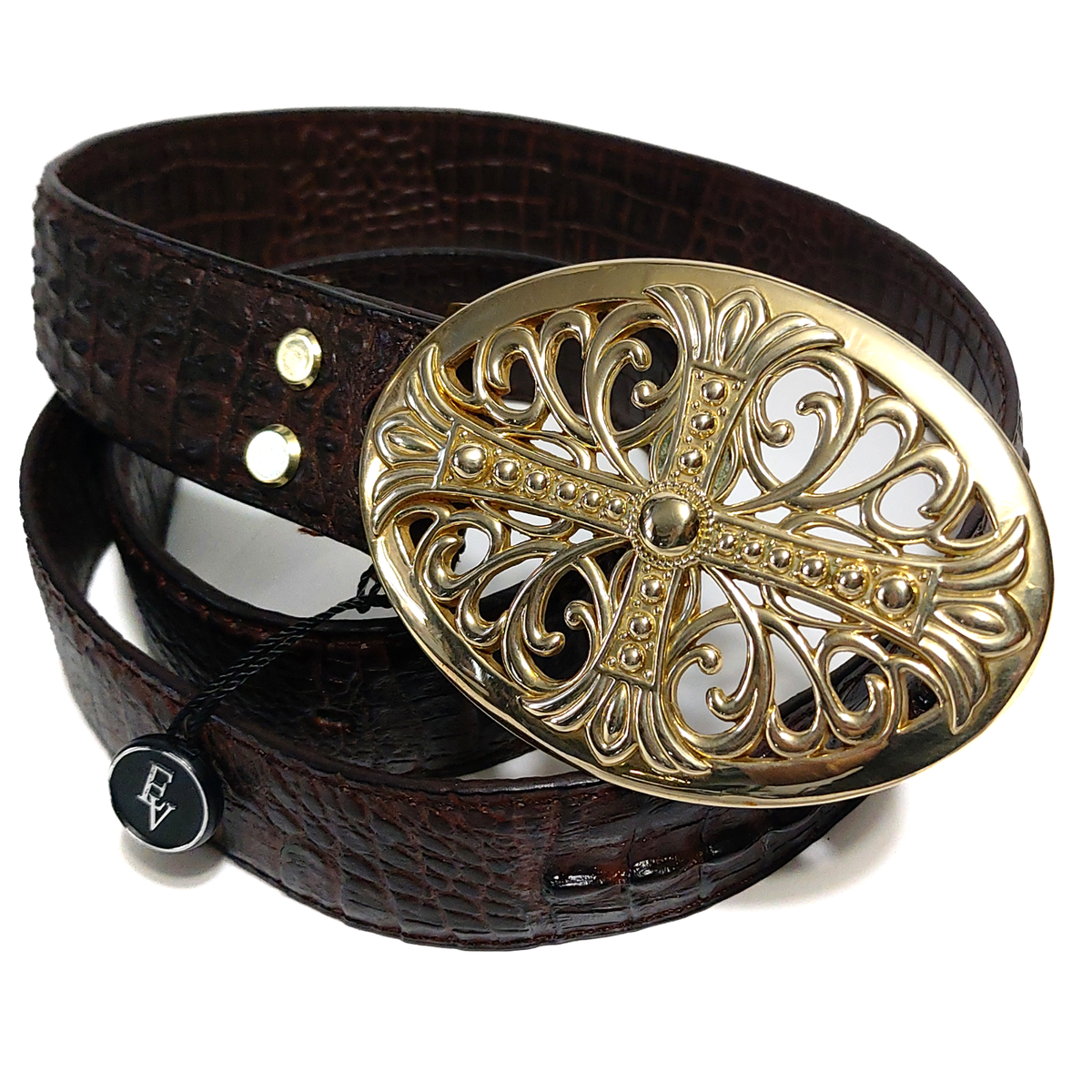 Handmade Gold Oval Buckle Brown Genuine Leather Crocodile