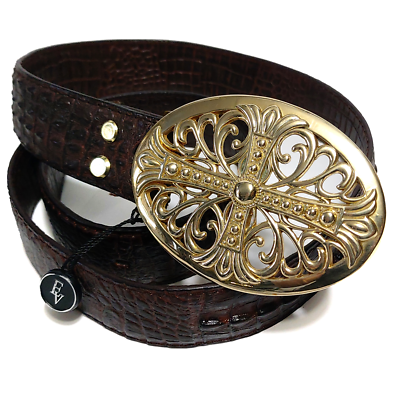 Handmade Gold Oval Buckle Brown Genuine Leather Crocodile  display picture 2