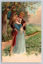 Early 1900s Antique Gilt Postcard Young Lovers Couple Embrace Treed Nature Walk