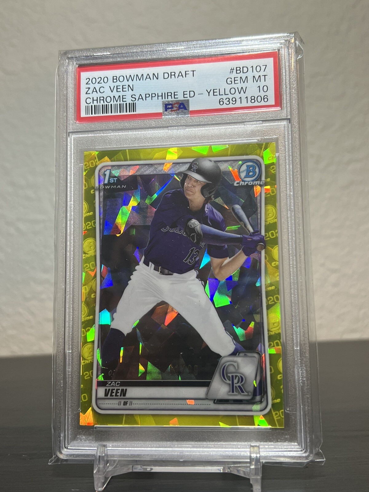 2020 Bowman Chrome Sapphire Zac Veen /99 Yellow PSA 10 Colorado Rockies POP 8