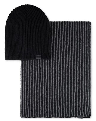 New Mens Kenneth Cole Reaction Black Rib Knit Beanie and Striped Scarf pc  Set