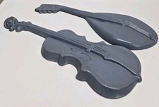 2 Vintage Mid Century Wall Decor Royal Cast Aluminum Instruments 1970 Cello Lute