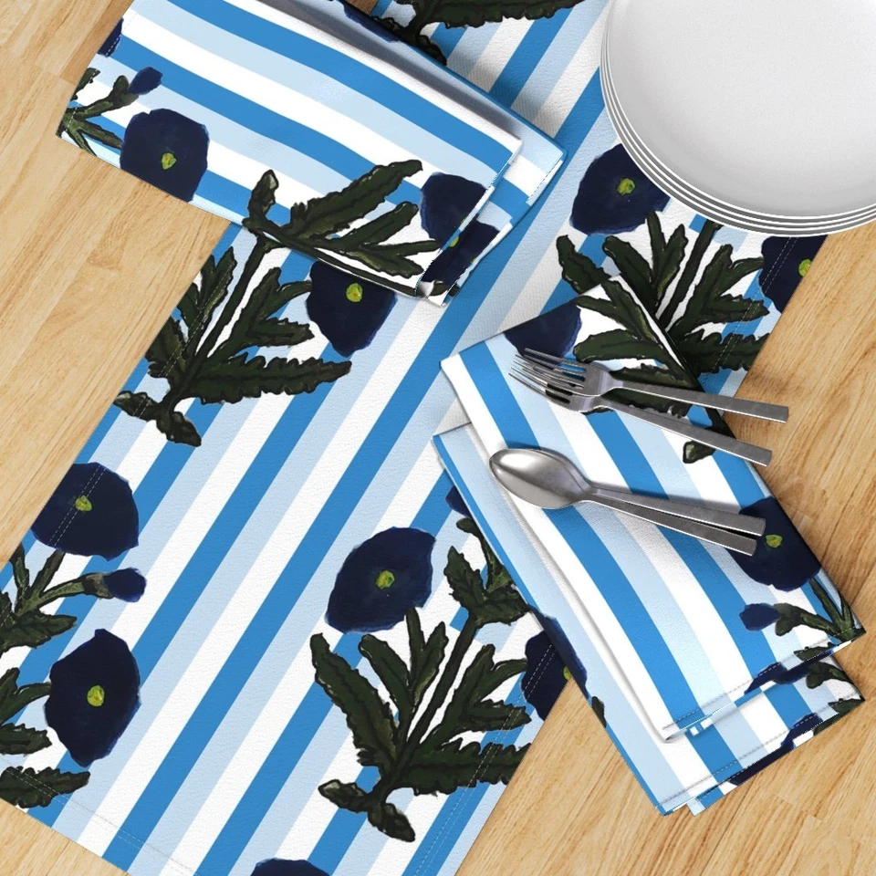 Navy Blue Marigold Stripe Block Print Floral Printed Table Runner - Image 3 of 4