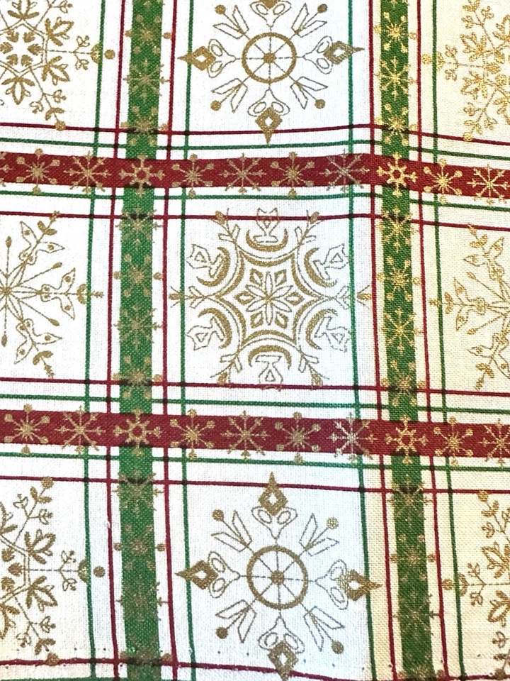 Christmas Cotton Fabric By Fabri—Quilt Gold Snowflakes In Red Green Squares - Image 2 of 4