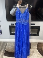 Blue Formal Gown with Sheer Beige Top and Rhi...