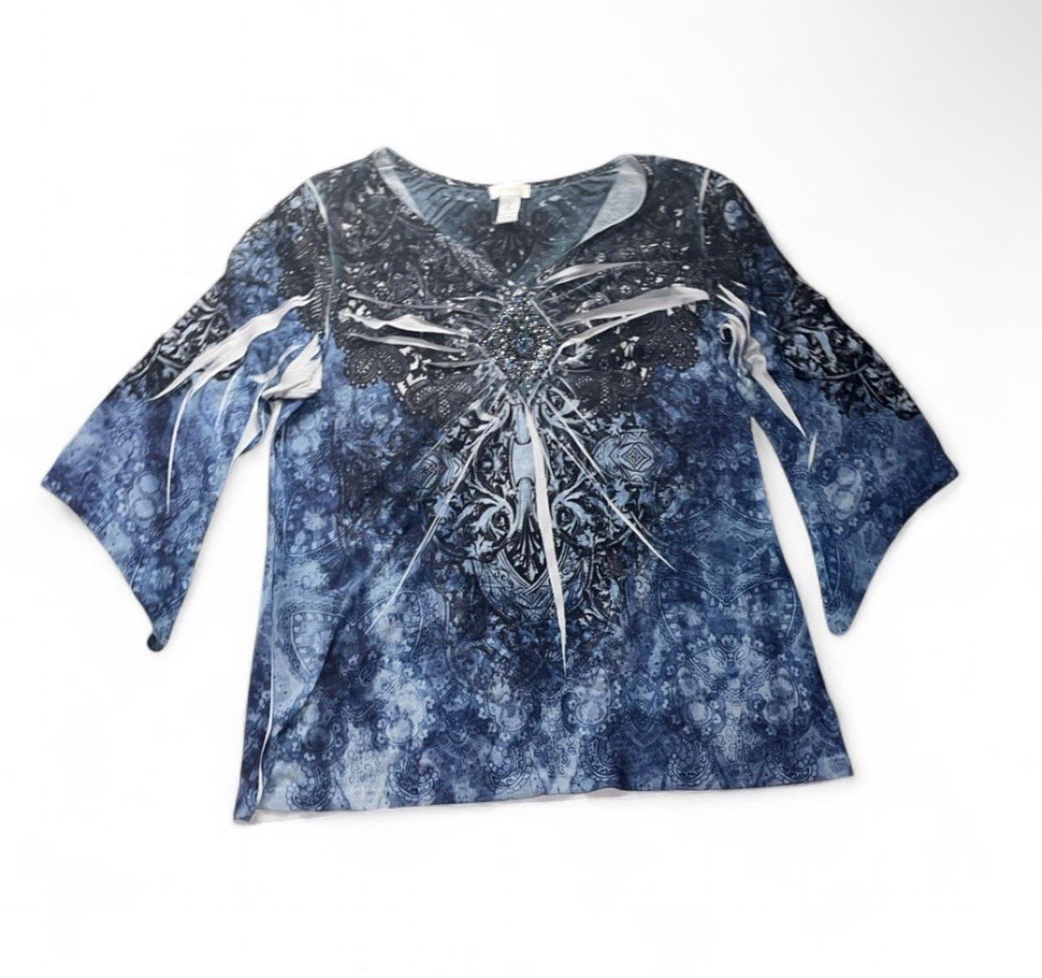 Blue White Tie-Dye Y2K V-Neck Top Women’s 2X Retro Beaded Short Sleeve Blouse