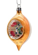 Vtg POLAND Mica Yellow Multicolor Indent Reflector Teardrop Glass Ornament