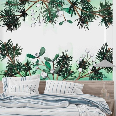 3D Christmas Pine Branch Watercolor Wall Murals Wallpaper Murals Wall Sticker 3