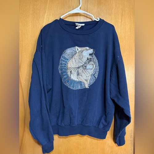 Vintage Wolf Pack Sweatshirt – 90s Nature Graphic – Navy – L