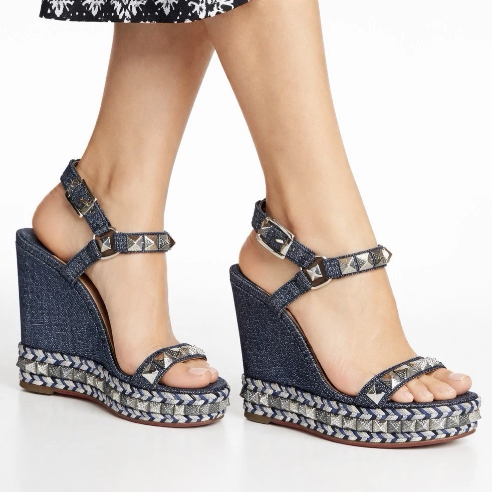 Christian Louboutin — Christian Louboutin Lame Lux Pyraclou 110 Denim Wedge Sandal Blue Women Size 41
