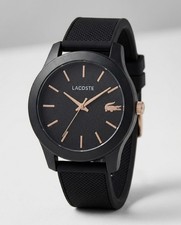 Lacoste 12.12 Watch Black Silicone Strap Rose Gold Dial 36mm Quartz NEW