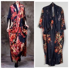 BUYKUD Maxi Dress Womens XL Blue Floral Draped Roll Tab Sleeve Boho Artistic New
