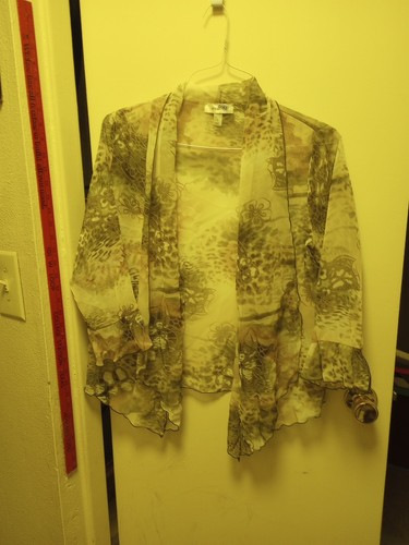 dress barn top Small See Through Open Overshirt Green Floral Design Ruffles - Picture 4 of 12