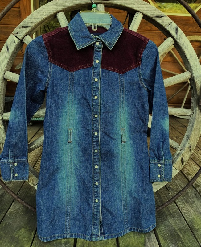 Girls 10 Squeeze Dress - L/S Blue Denim - Faux Suede Yoke - Snap Closure