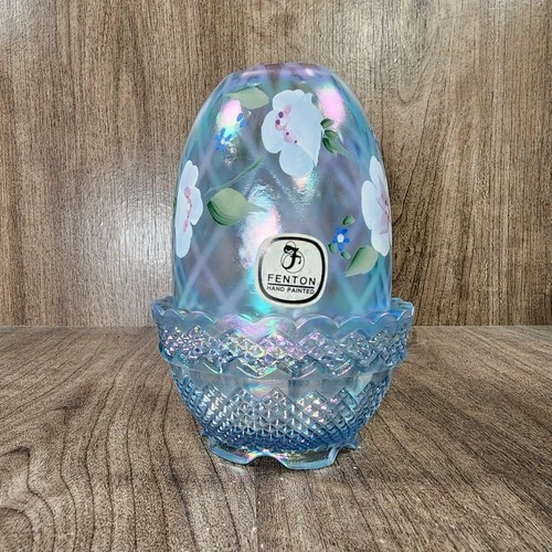 Fenton Fairy Lamp Blue Opalescent Hand Painted Flowers signed M. Olmsted